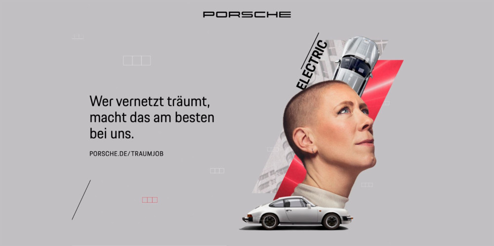 Portrait of a woman with Porsche cars and advertising text.