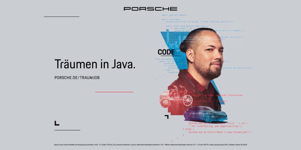 Man in front of Porsche cars and Java code, dream job at Porsche Advertising.