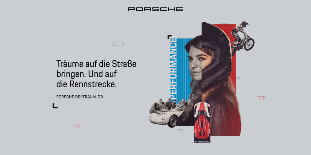 Porsche advertising with racing, women and motorsport equipment.