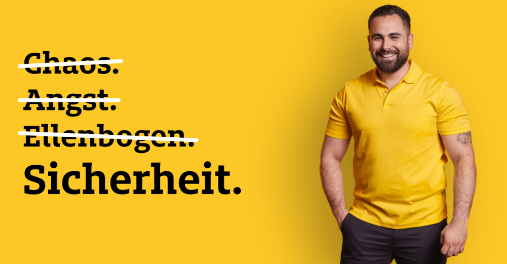 Man smiling in front of yellow background, positive words emphasized.