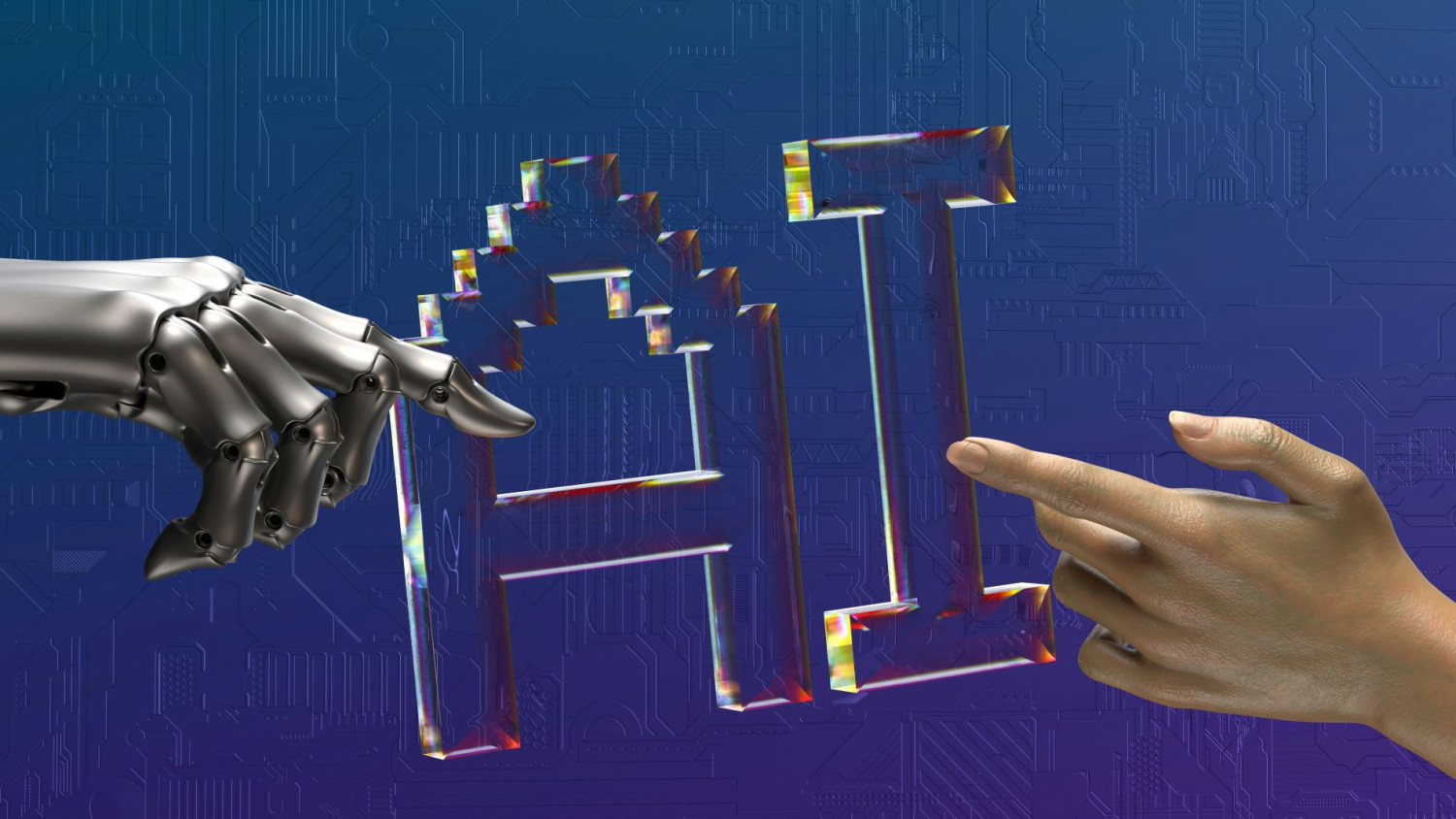 A robot hand and a human hand touch the letters AI in the middle.