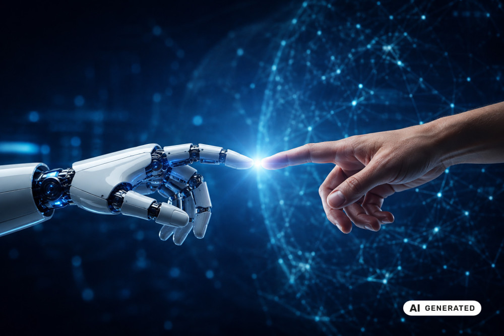Menschliche Hand und Roboterhand berühren sich fast mit den Fingerspitzen vor einem futuristischen, blau leuchtenden Netzwerkhintergrund.