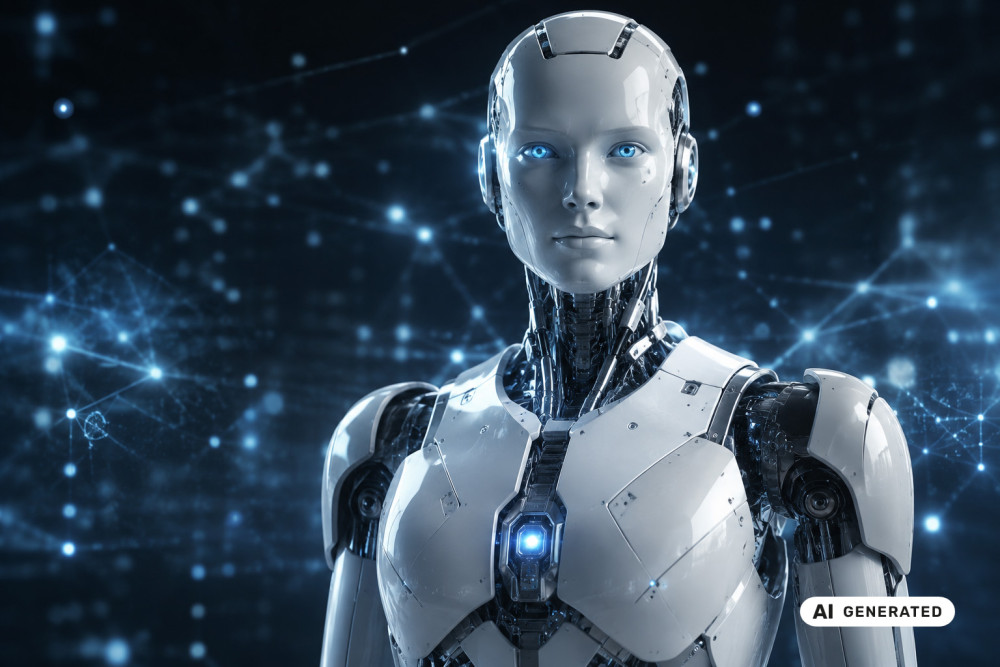 Roboter als klarer Mittelpunkt, ausreichend ruhige Fläche im Hintergrund, keine überladene Szenerie.