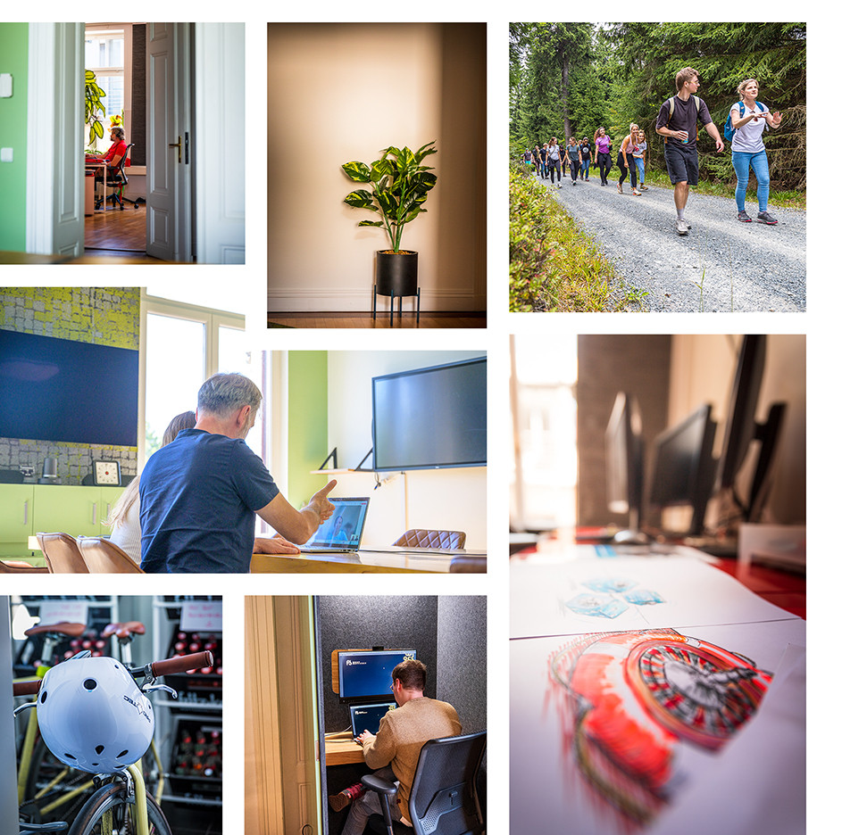 A collage of photos from everyday office life and impressions from team activities