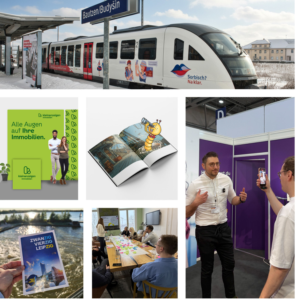 A collage of images ranging from trade show booths to branded trains and promotional materials, and even a workshop.