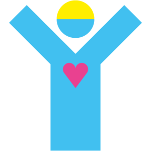 Blaues Icon eines Menschen, der die Arme nach oben streckt. Auf der Brust der Figur befindet sich ein pinkes Herz, auf dem Kopf sind gelbe Haare angedeutet.