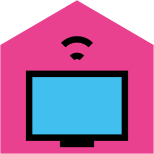 Icon eines pinken Hauses, in dem ein blau-schwarzer Computermonitor steht, &uuml;ber dem ein WLAN-Symbol abgebildet ist