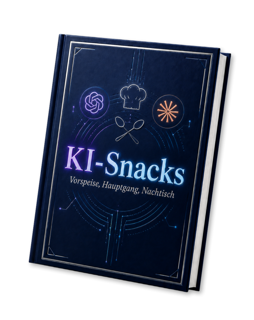 KI-Snacks Kochbuch mit Vorspeisen, Hauptgang und Nachtisch.