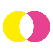 Zwei &uuml;berlappende Kreise in Gelb und Pink mit wei&szlig;em Zentrum.