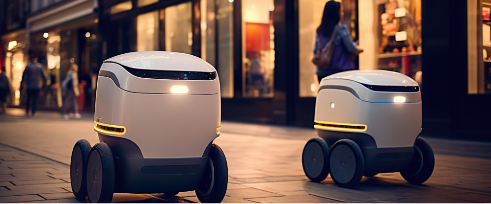 Zwei Lieferroboter auf der Straße, Symbolbild für Innovation