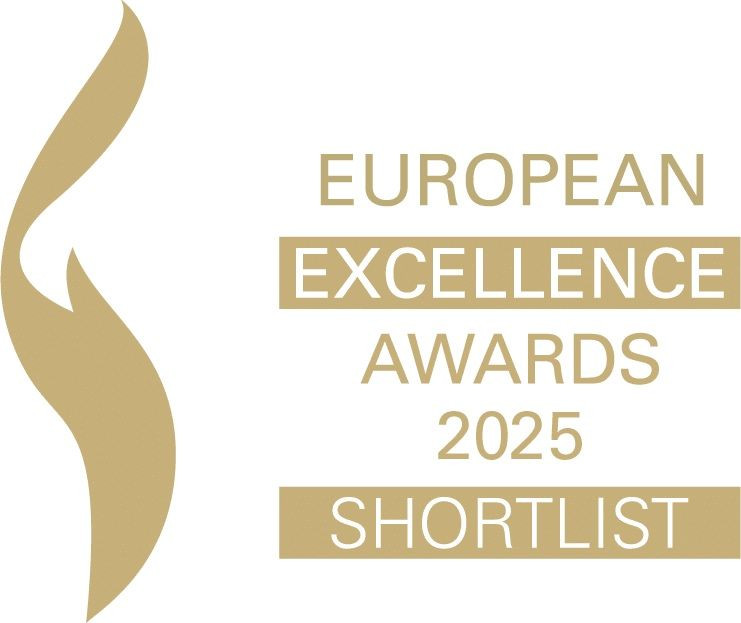 Logo of the European Excellence Awards 2025 with stylized gold-colored symbol