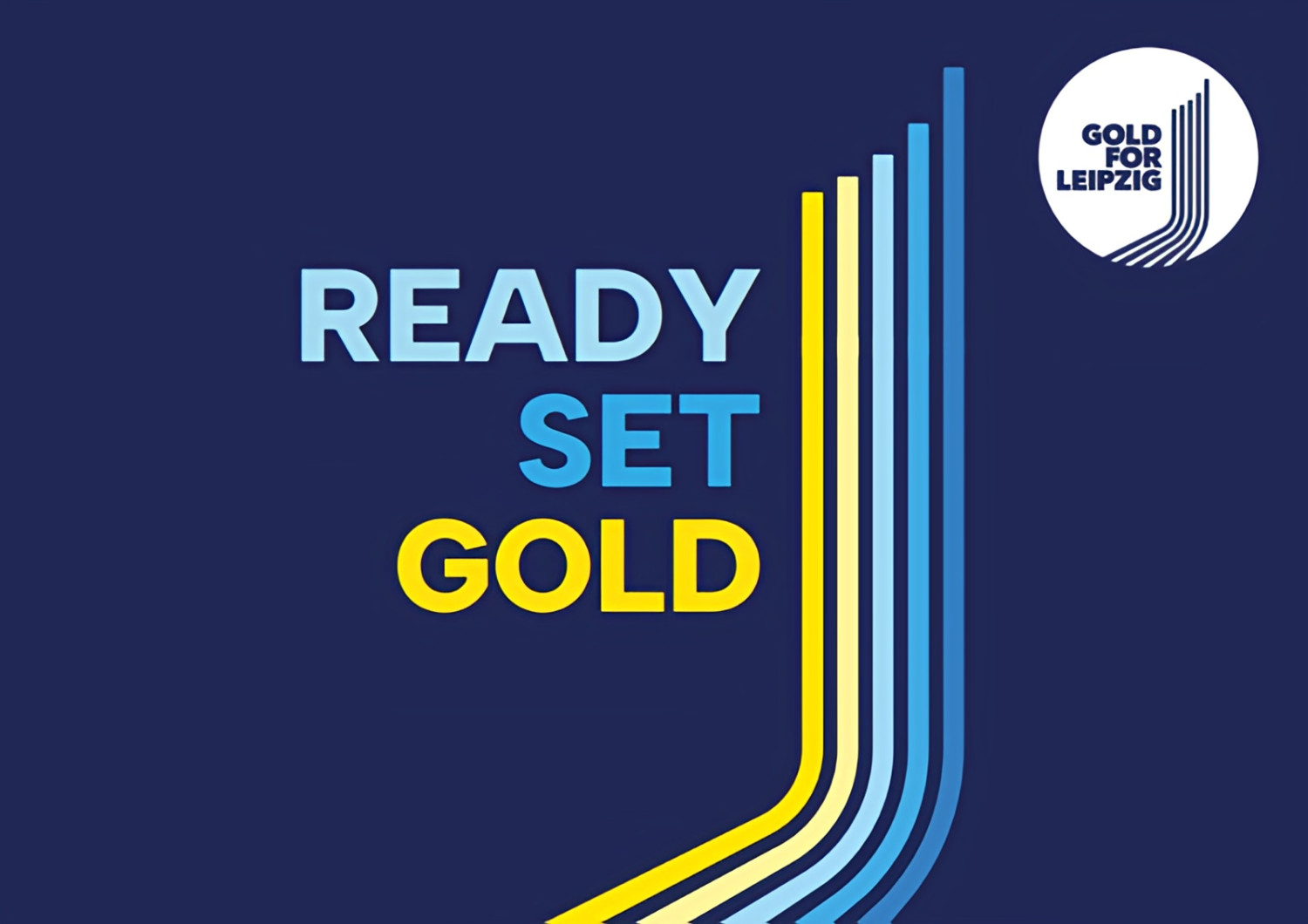 "Ready Set Gold" Schriftzug mit bunten Linien und Logo
