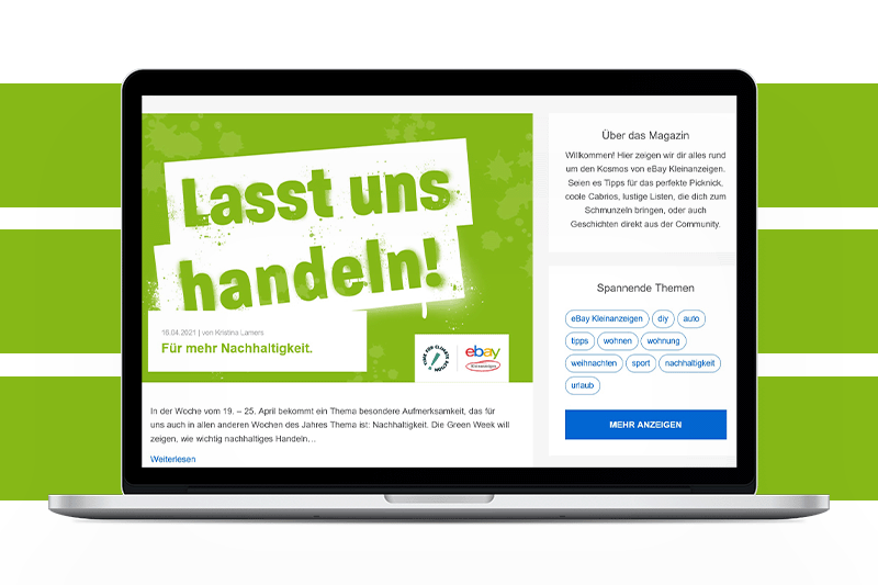 Ein Laptopbildschirm, auf dem das eBay-Kleinanzeigen-Magazin und der Titel "Lasst uns handeln!" zu lesen sind