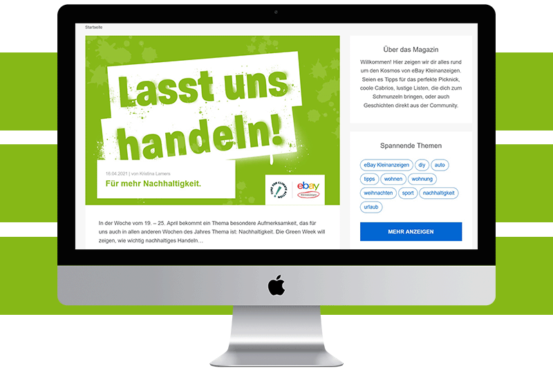 Ein Desktopbildschirm, auf dem das eBay-Kleinanzeigen-Magazin und der Titel "Lasst uns handeln!" zu lesen sind