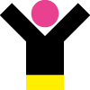 Ein schwarz-rosa-gelbes Icon eines Menschen, der die Arme nach oben streckt