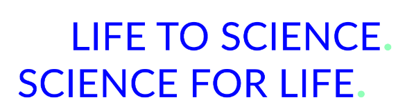 The claim “Life to science. Science for life.” as blue lettering with green dots at the end of the sentence
