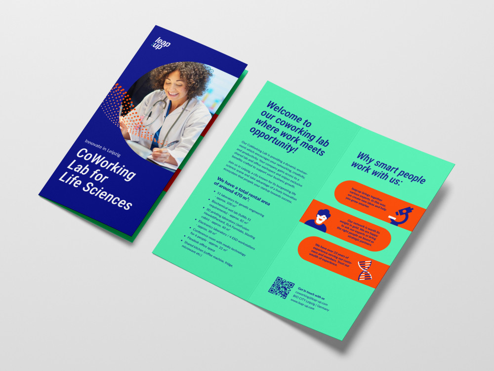 A blue and green flyer from leap:up with the title “CoWorking Lab for Life Sciences”
