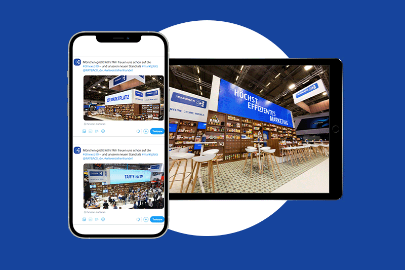 Smartphone und Tablet mit Fotos des Payback-Messestands