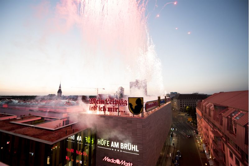 Fireworks on the roof of the “Höfe am Brühl” shopping center in Leipzig