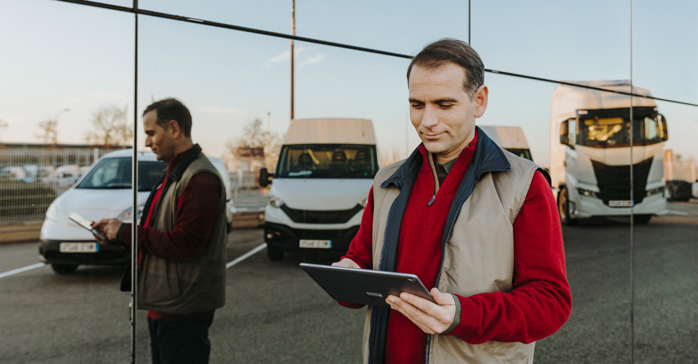 Ein Mann steht vor einer Fassade, in dem sich verschiedene Fahrzeuge vom PKW bis zum LKW spiegeln. In der Hand hält er ein Tablet.