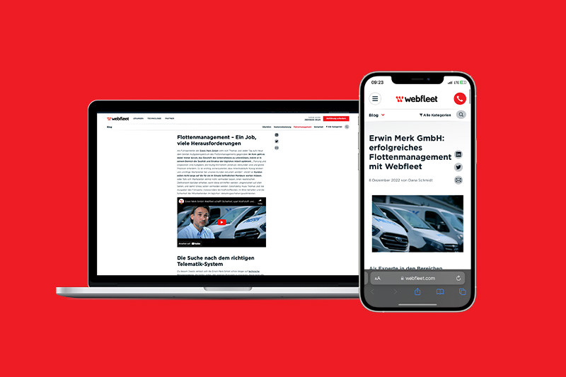 Laptop und Smartphone, auf denen die Website von Webfleet geöffnet ist
